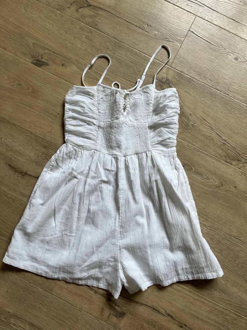 aerie White Smocked Romper with Adjustable Straps